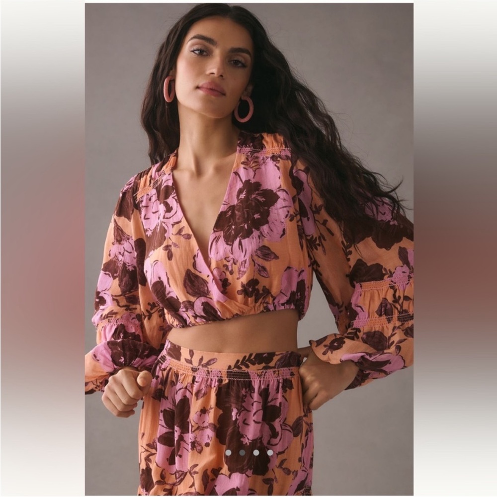 Women's Pink & Peach Floral Crop Top - Boho Wrap Style